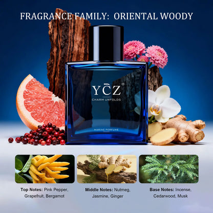 YCZ Midnight Marine Eau De Parfum 50Ml Aromatic Marine | Bergamot Pink Pepper Grapefruit Nutmeg Jasmine Ginger Incense Musk Cedar | Long Lasting Ocean Fresh Fragrance for Men Women | "The Scent of Freedom" Luxury Perfume Gift for Father'S Day